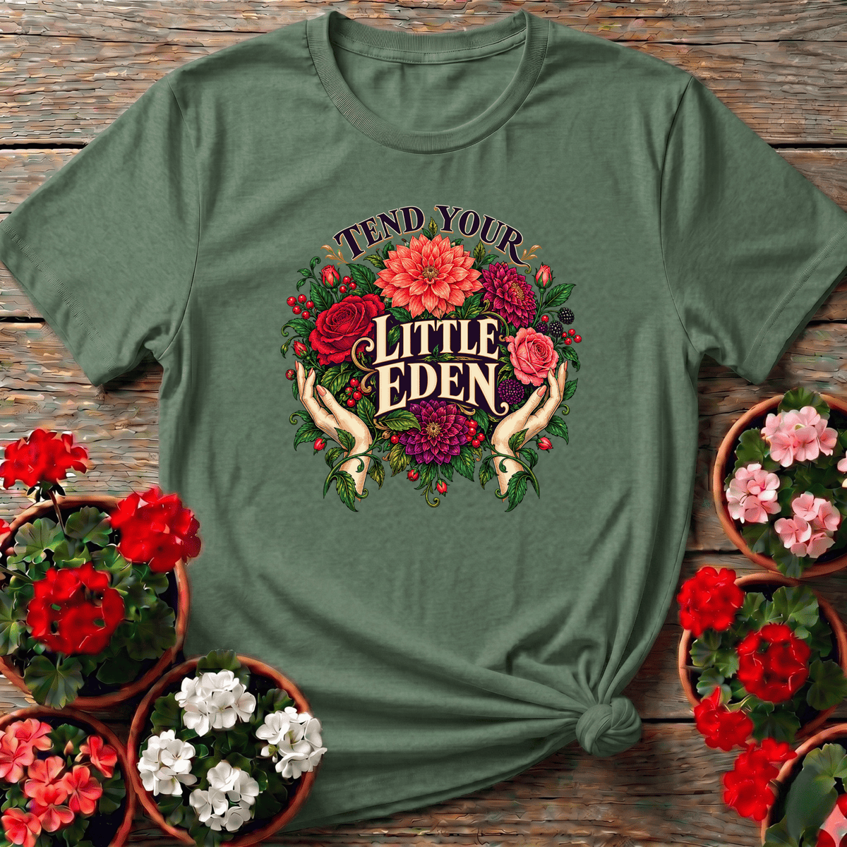 Military Green lush botanical cottagecore tee with "Tend Your Little Eden" for sanctuary gardeners
