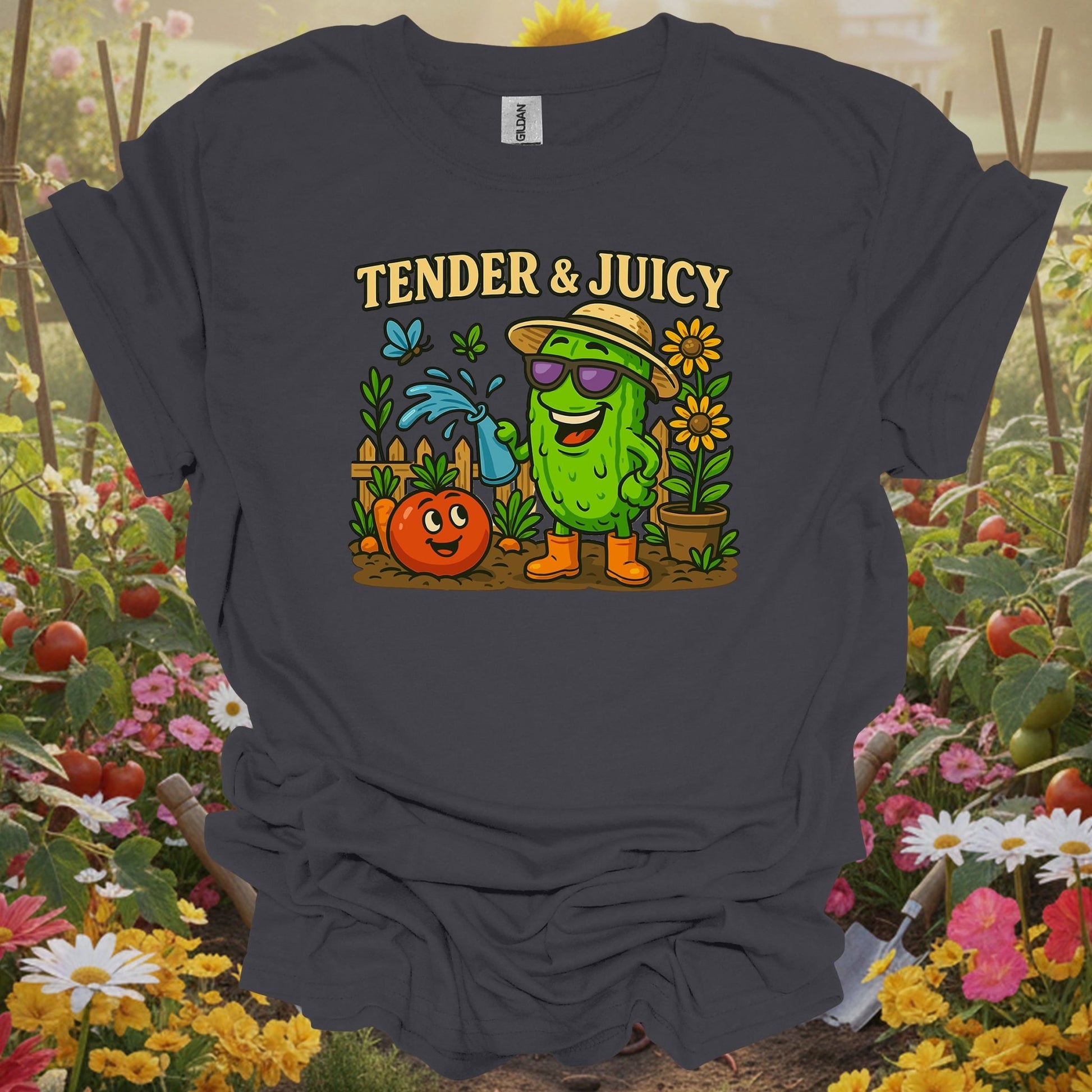 Charcoal tee featuring a funny pickle gardening design that celebrates the joy of growing tender and juicy vegetables.
