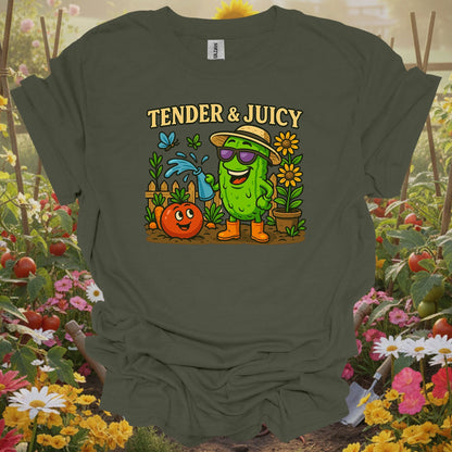 Military Green gardening T-shirt with a retro-inspired storybook look that serves as a functional piece of art.