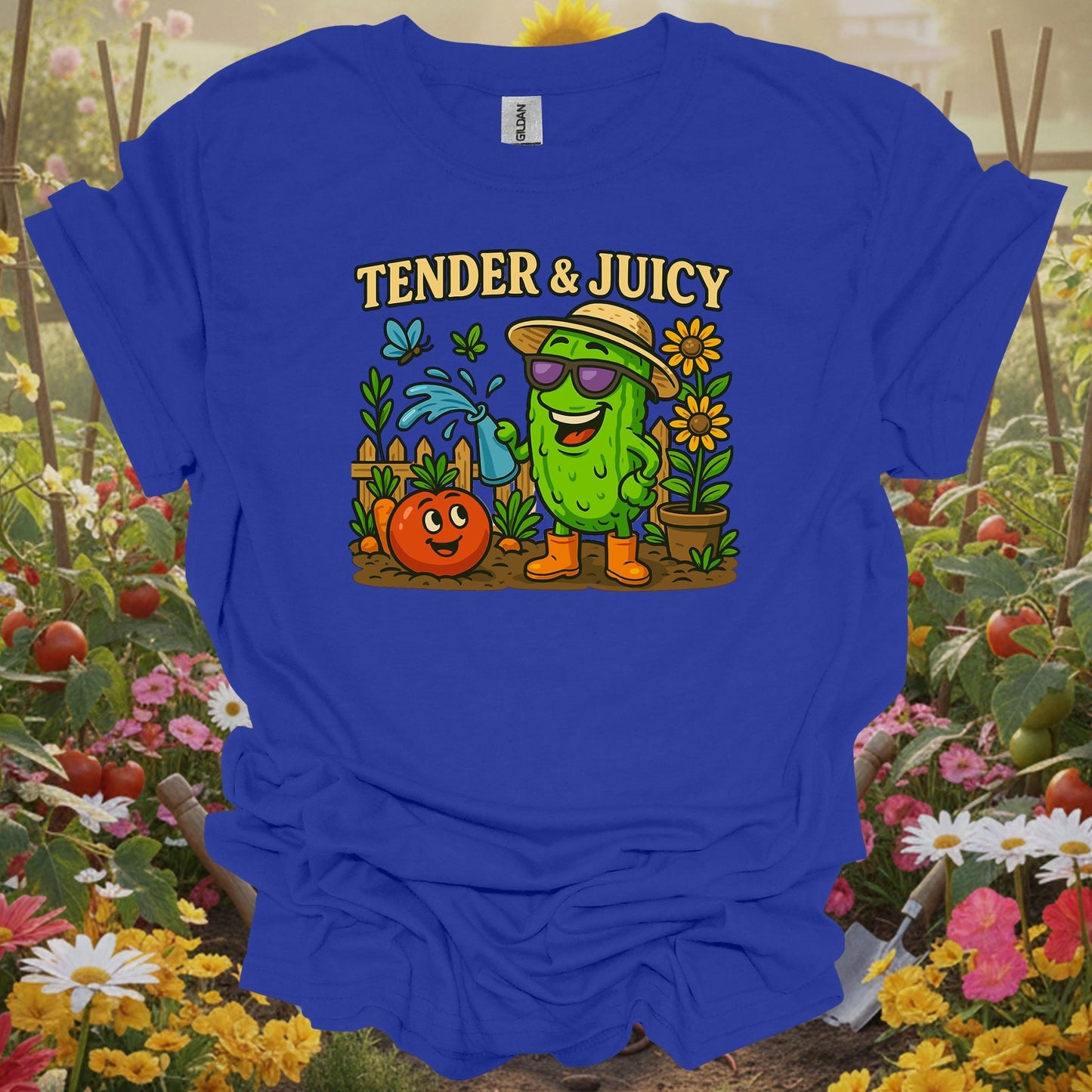 Royal apparel displaying a cool pickle in a sun hat on a casual gardening T-shirt for those who value nature.