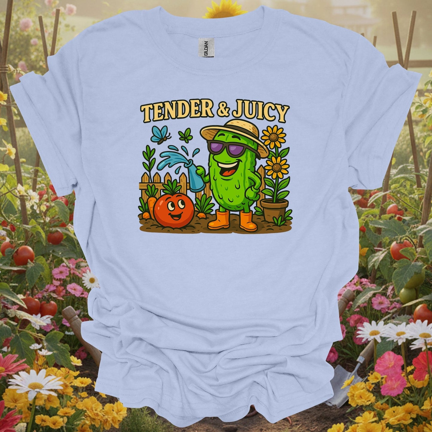 Light Blue shirt with a watering tomato theme making a perfect cheerful gift T-shirt for any dedicated home grower.