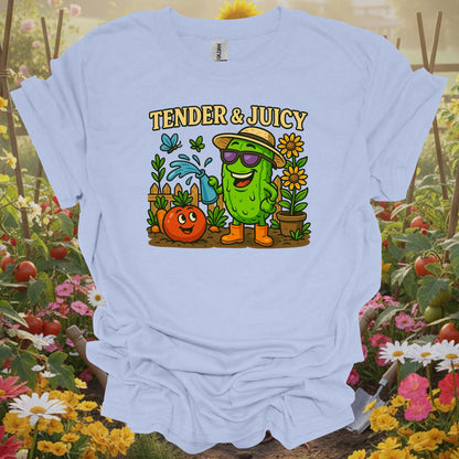 Light Blue shirt with a watering tomato theme making a perfect cheerful gift T-shirt for any dedicated home grower.