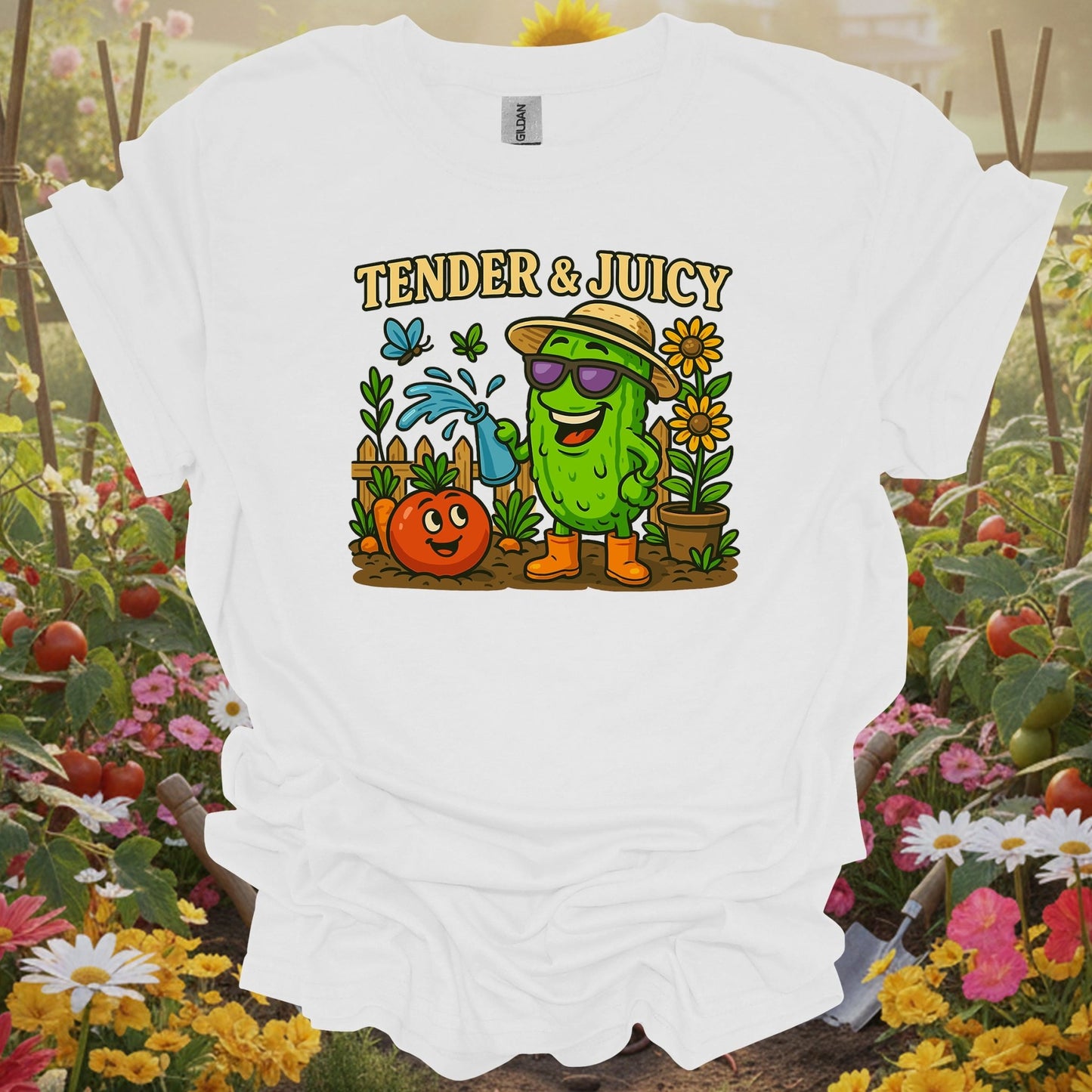 White shirt featuring a nostalgic pickle design on a classic tee for anyone who finds joy in their backyard sanctuary.