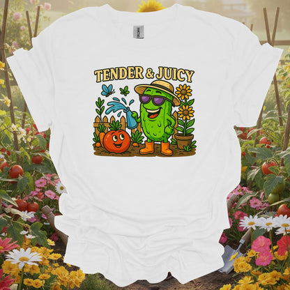 White shirt featuring a nostalgic pickle design on a classic tee for anyone who finds joy in their backyard sanctuary.