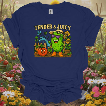 Navy top with a retro storybook garden graphic that captures a playful and mindful homesteading vibe for your garden.