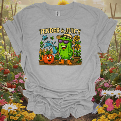 Sport Gray T-shirt with a detailed botanical illustration of sunflowers and vegetables perfect for happy plant parents.