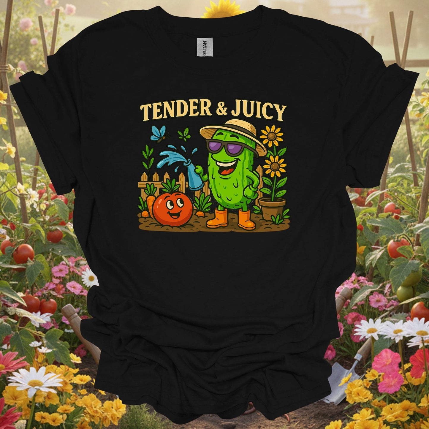 Black t-shirt with a vibrant tomato and pickle theme that fits a modern slow-living garden lifestyle and aesthetic.