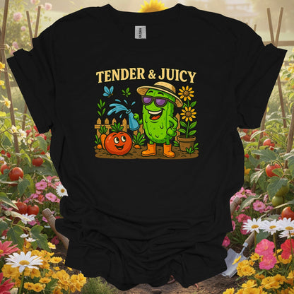 Black t-shirt with a vibrant tomato and pickle theme that fits a modern slow-living garden lifestyle and aesthetic.