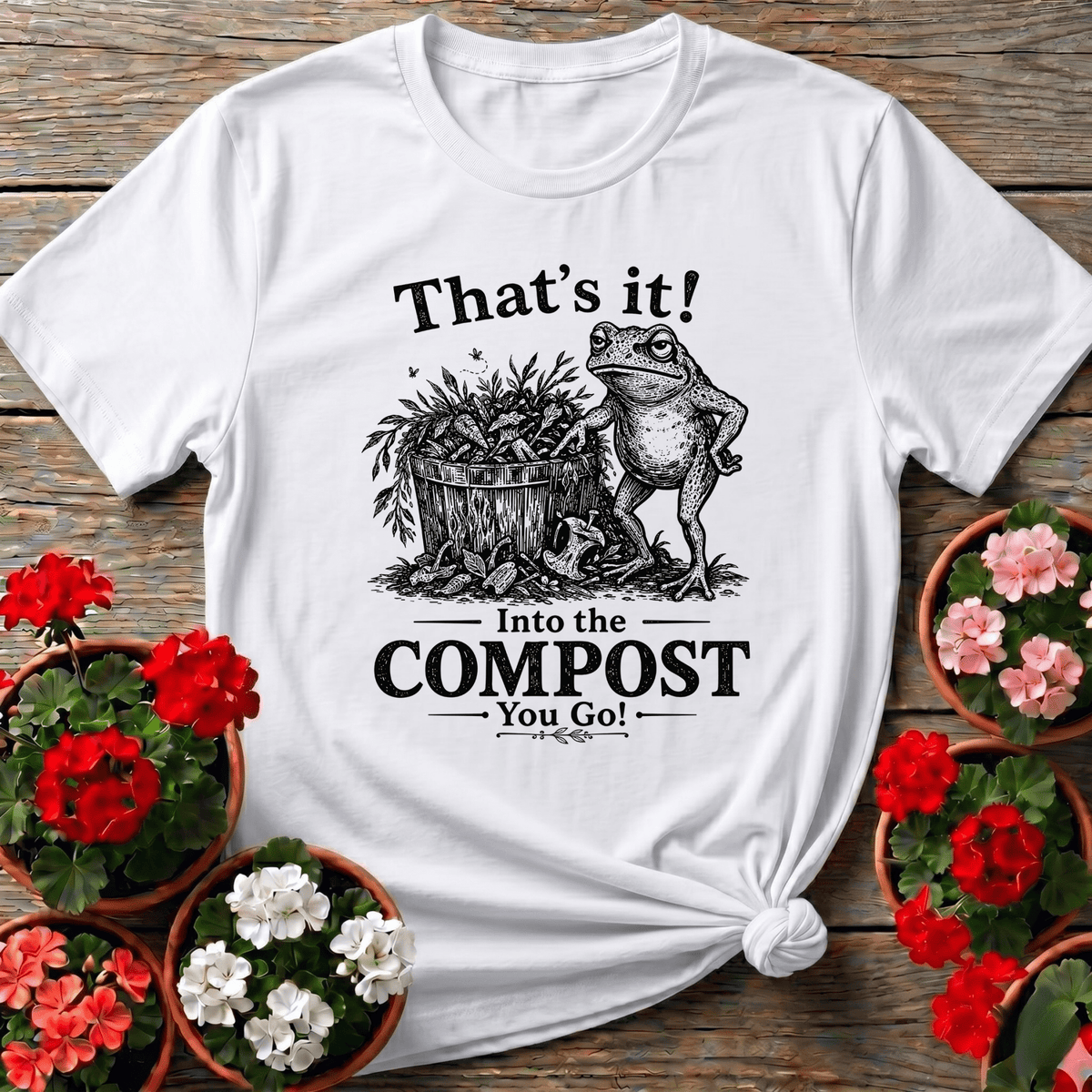 White cottagecore illustrated frog t-shirt with "That's It Into the Compost You Go" for slow-living gardeners