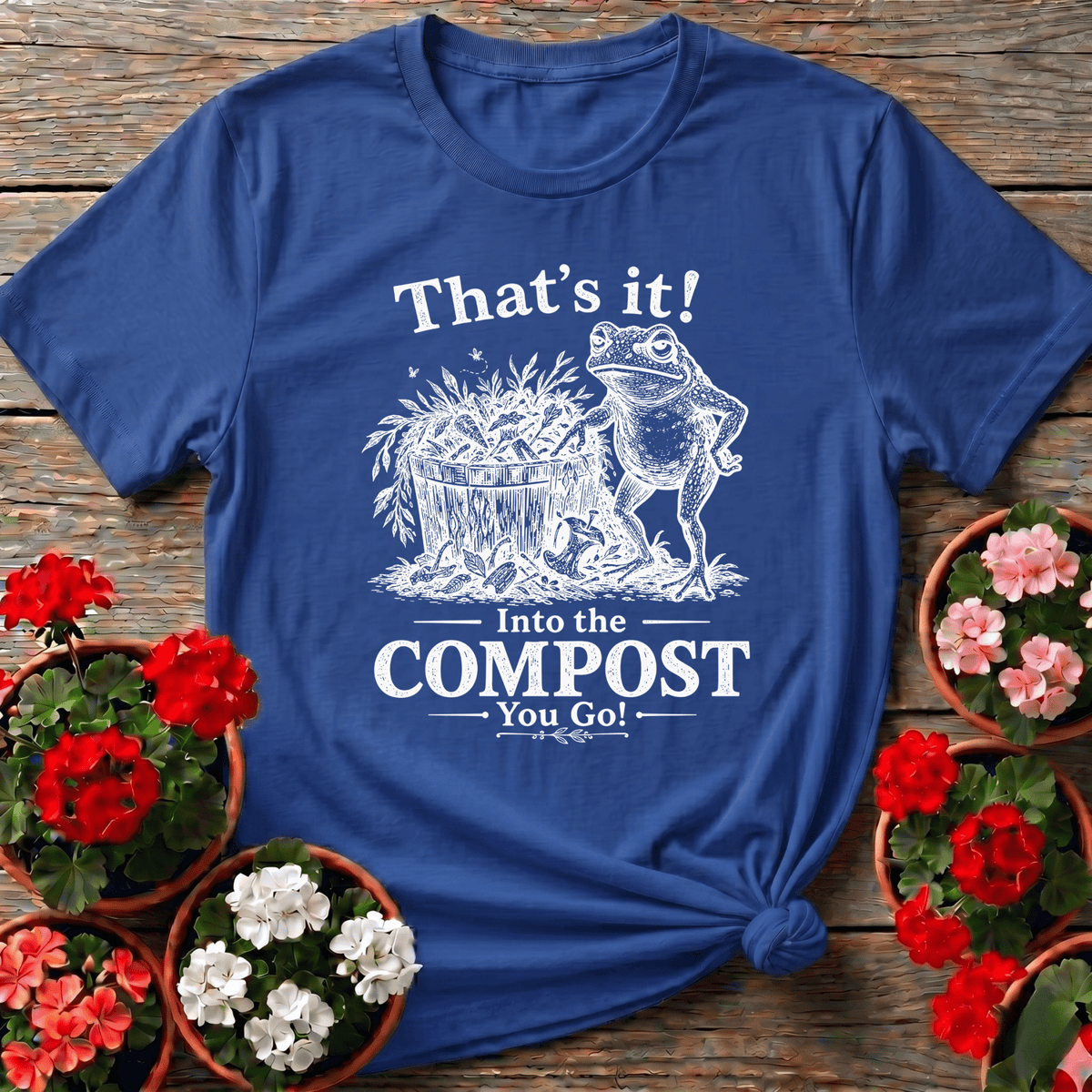 Royal vintage field guide style frog tee with "That's It Into the Compost You Go" for dedicated composters