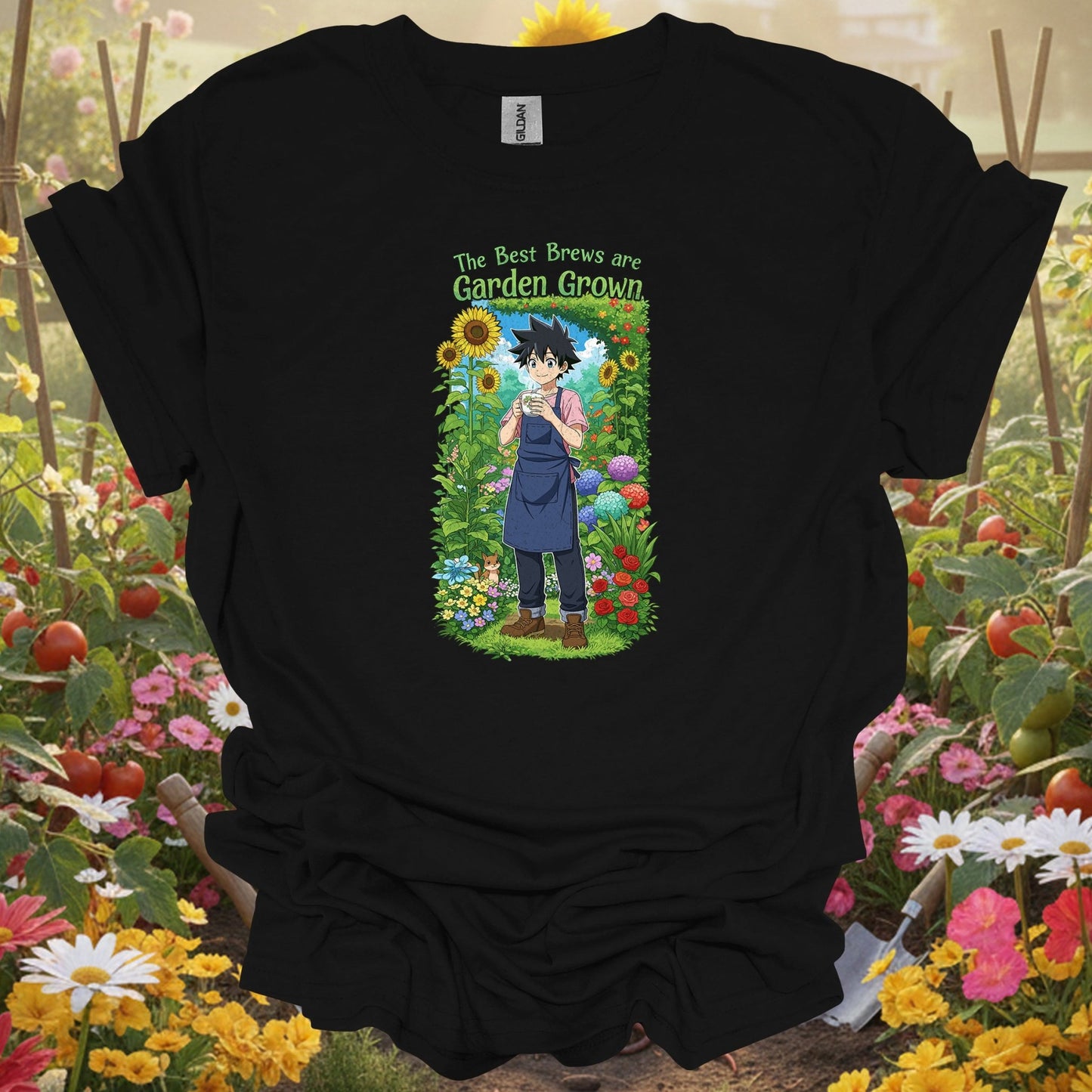 Black shirt showing the best brews are garden grown anime for outdoor enthusiasts
