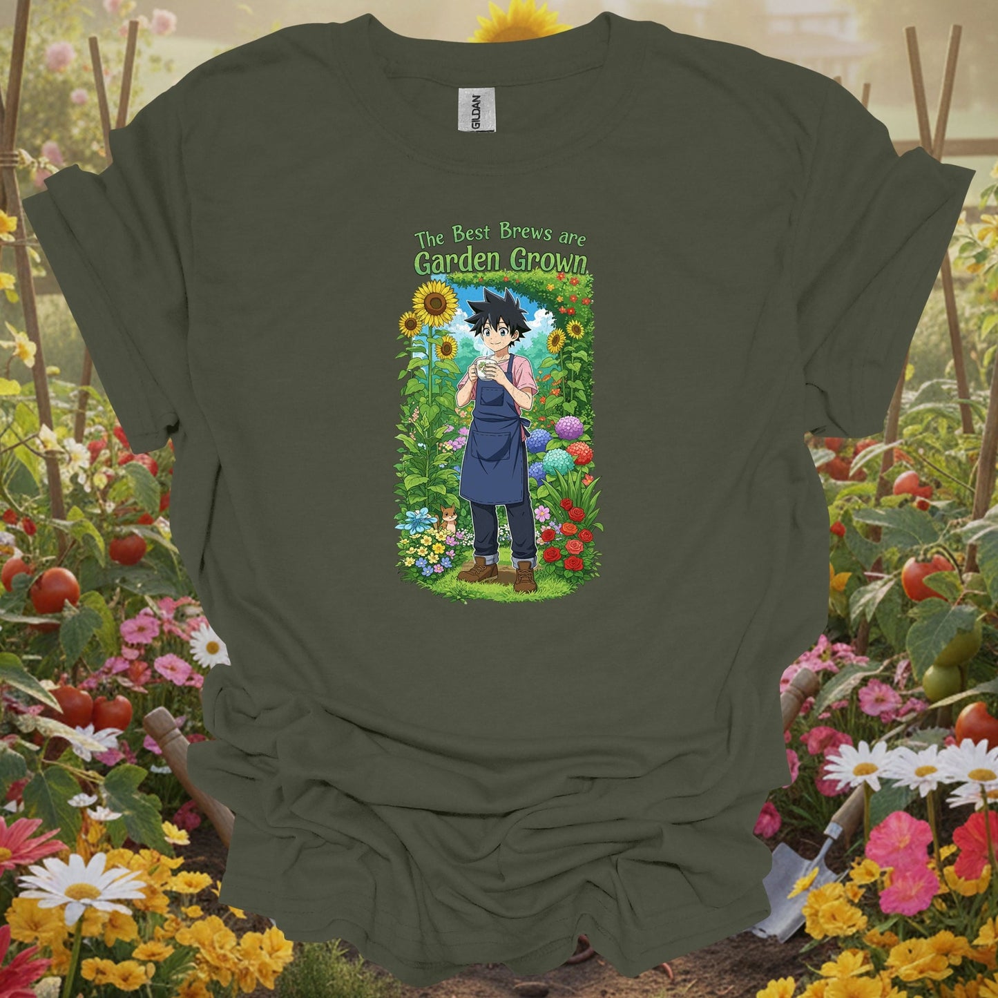 Military Green top showing the best brews are garden grown anime for nature lovers