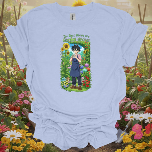 Light Blue tee showing the best brews are garden grown anime for plant lovers