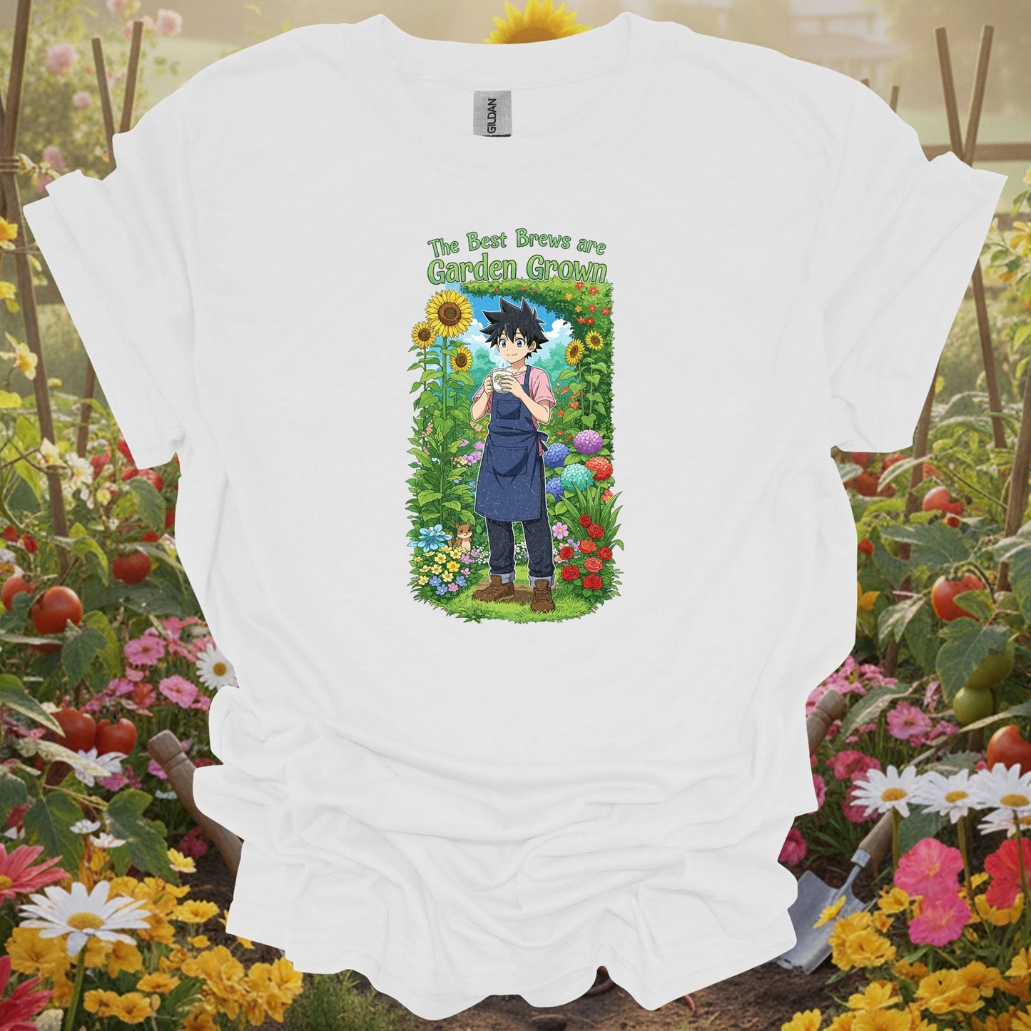 White tee showing the best brews are garden grown anime for garden hobbyists