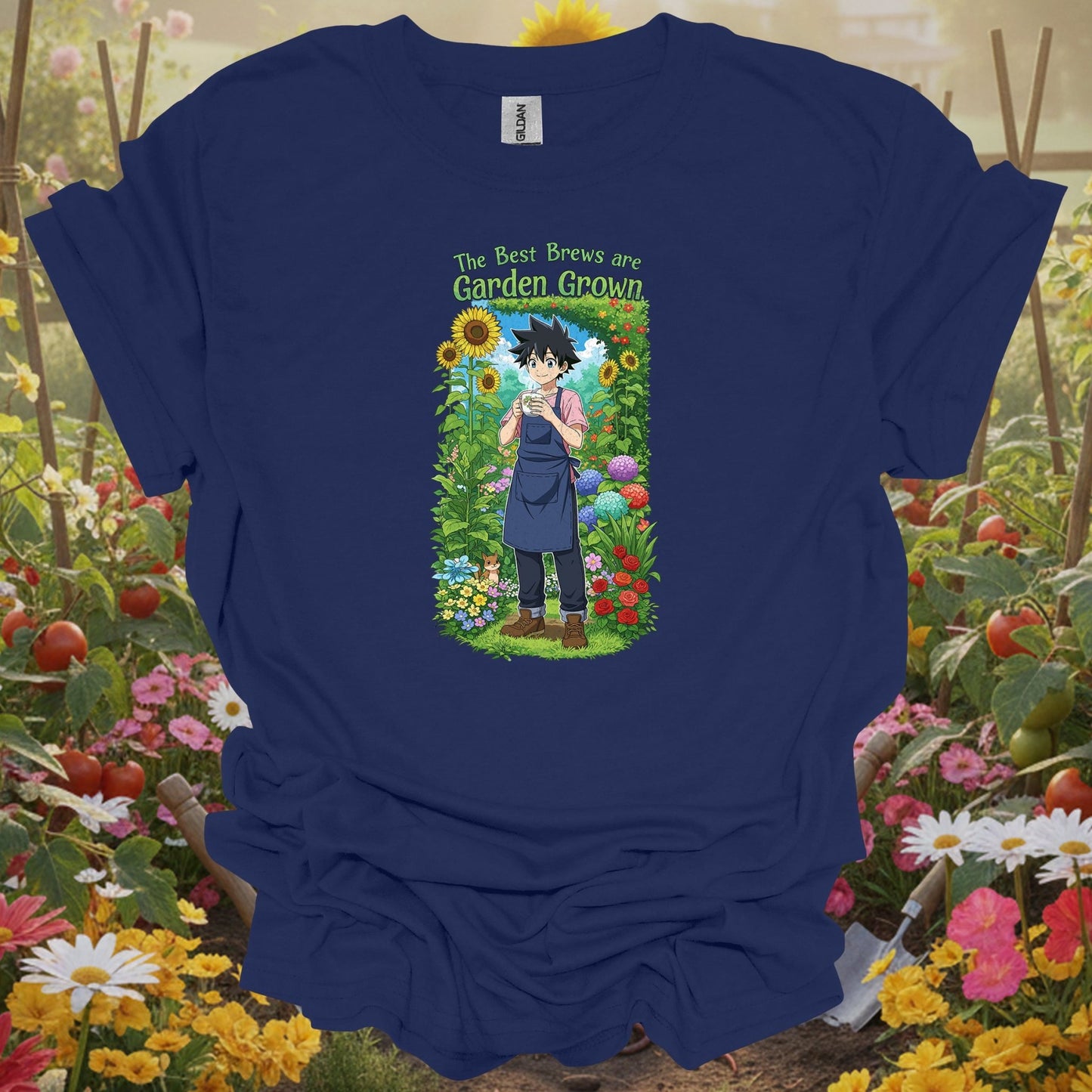 Navy shirt showing the best brews are garden grown anime for home gardeners