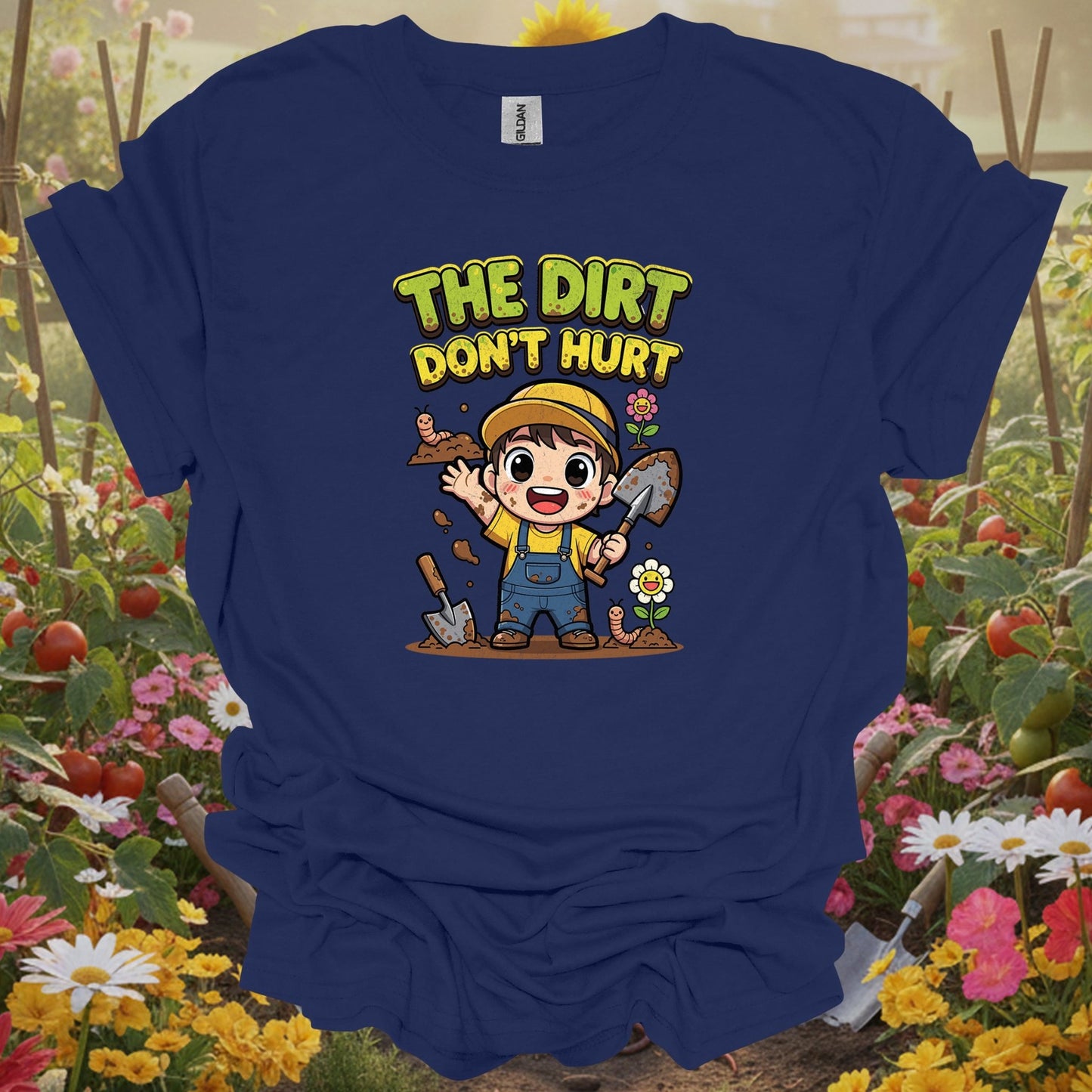 Navy top showing the dirt dont hurt cute chibi gardener for green thumb folks