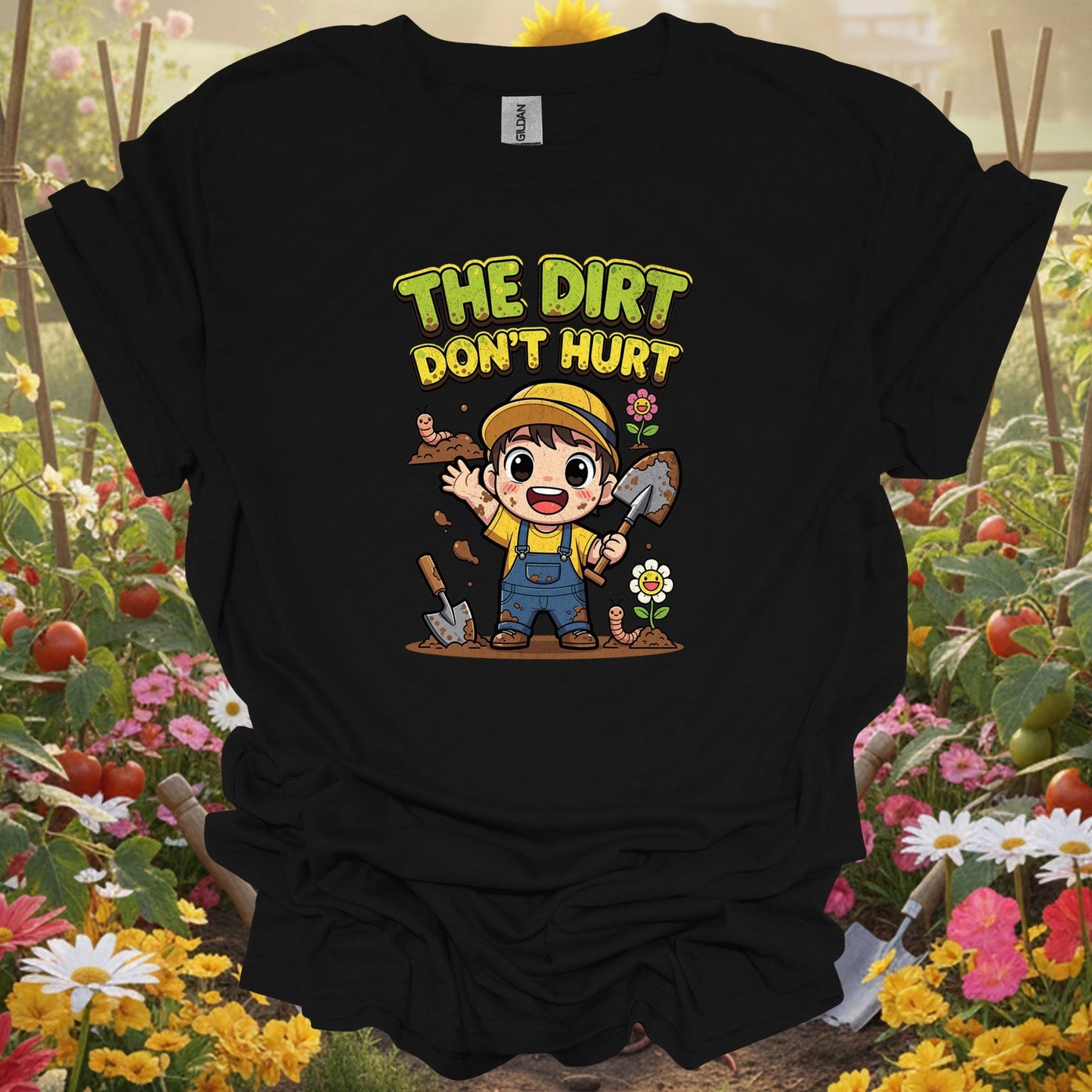 Black top showing the dirt dont hurt cute chibi gardener for nature lovers