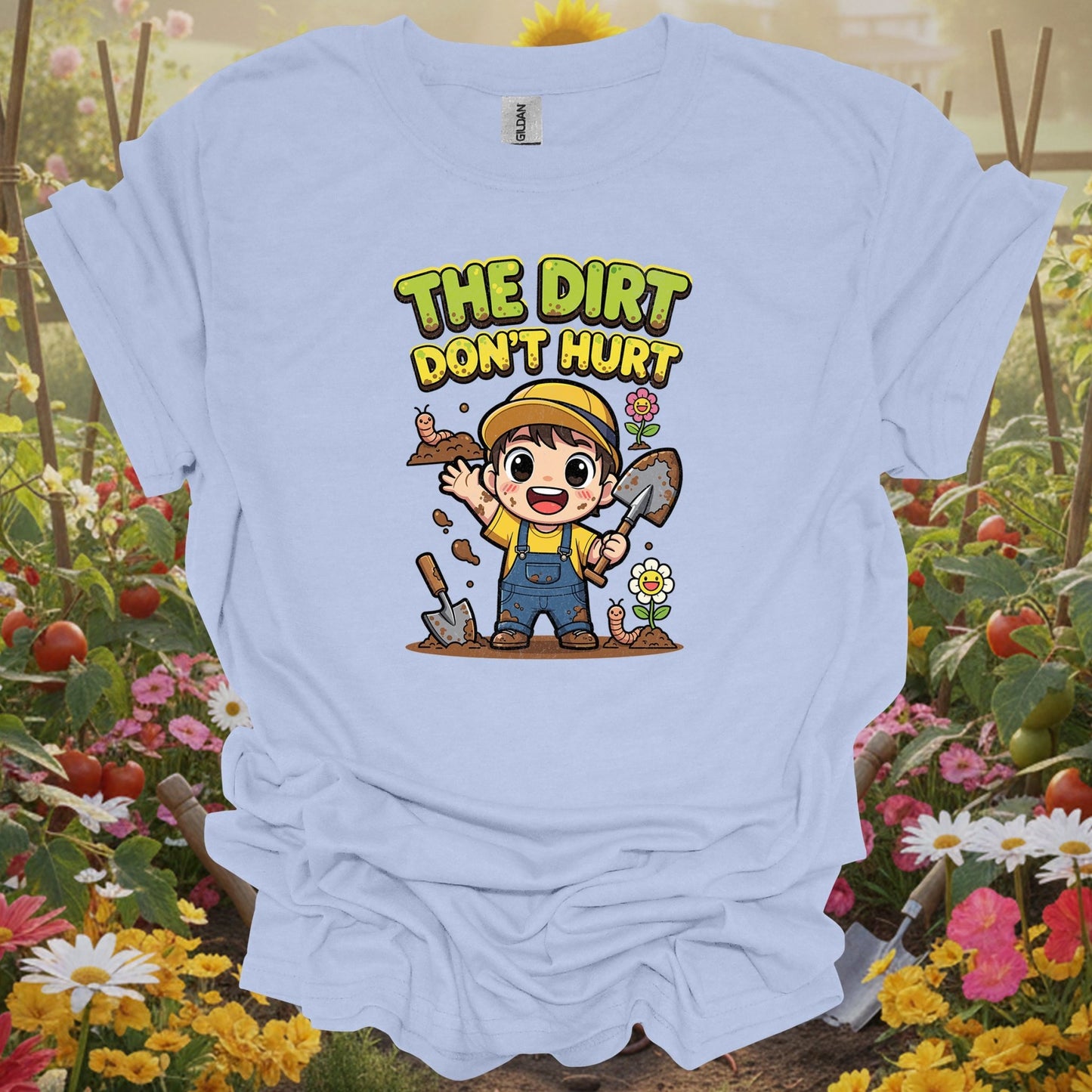 Light Blue shirt showing the dirt dont hurt cute chibi gardener for home gardeners