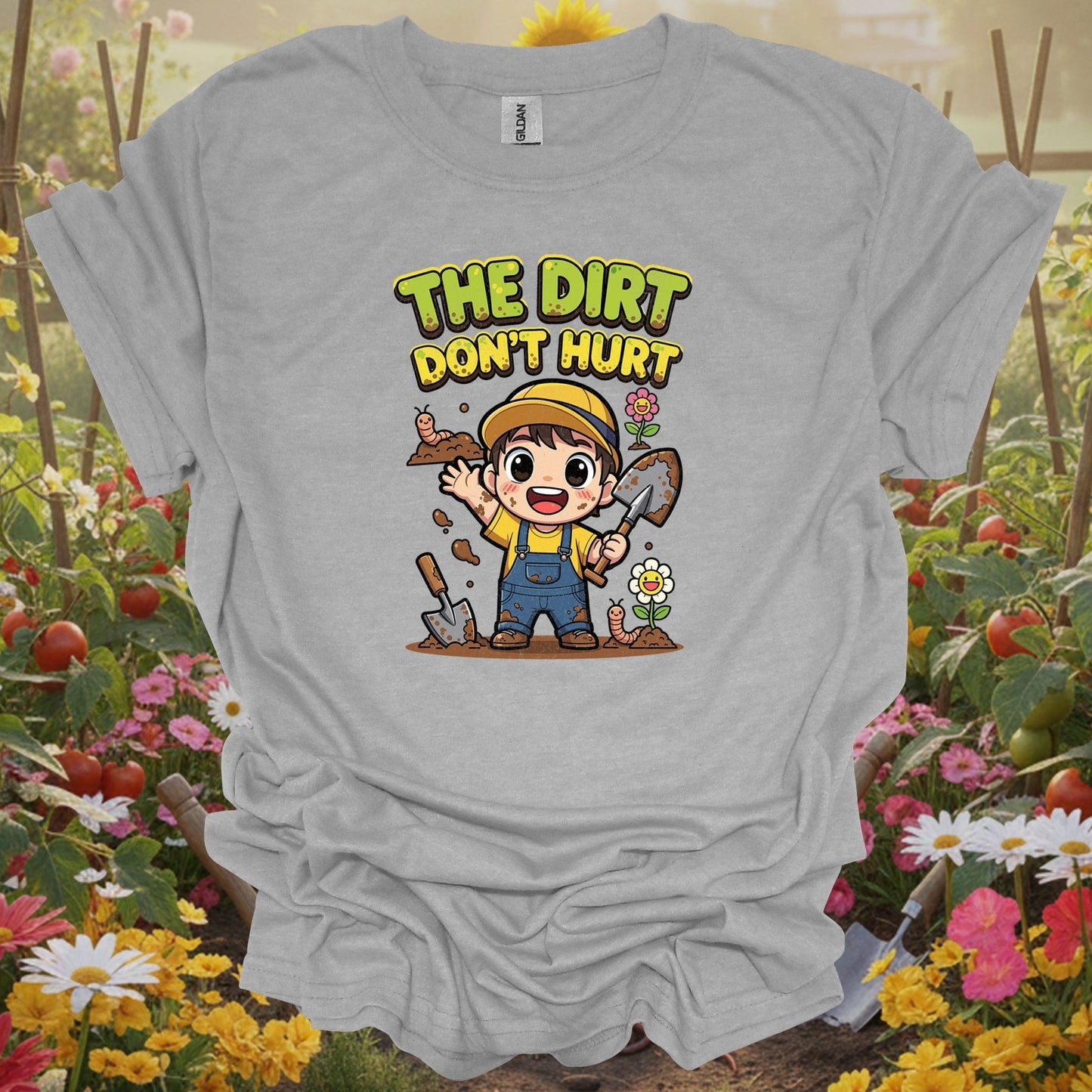 Sport Grey tee showing the dirt dont hurt cute chibi gardener for garden hobbyists