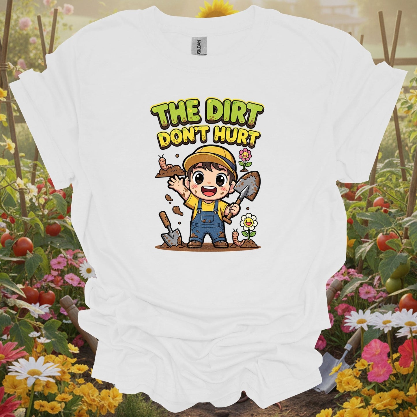 White shirt showing the dirt dont hurt cute chibi gardener for outdoor enthusiasts
