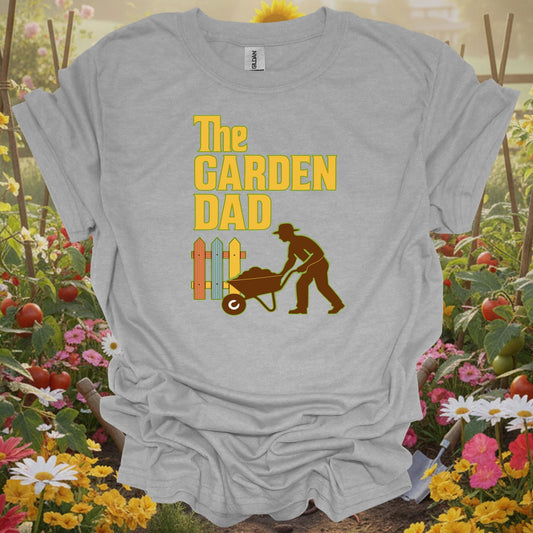 Sport Grey tshirt showing a traditional retro silhouette that captures the iconic image of a dedicated father at work in the yard for native plant gardeners supporting local ecosystems