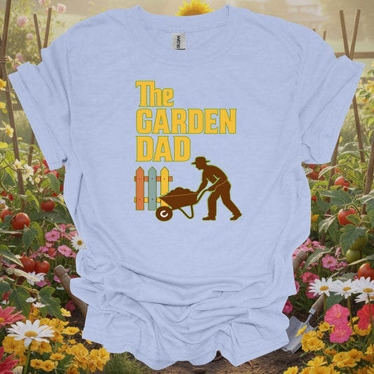 LIght blue tshirt showing a traditional retro silhouette that captures the iconic image of a dedicated father at work in the yard for native plant gardeners supporting local ecosystems