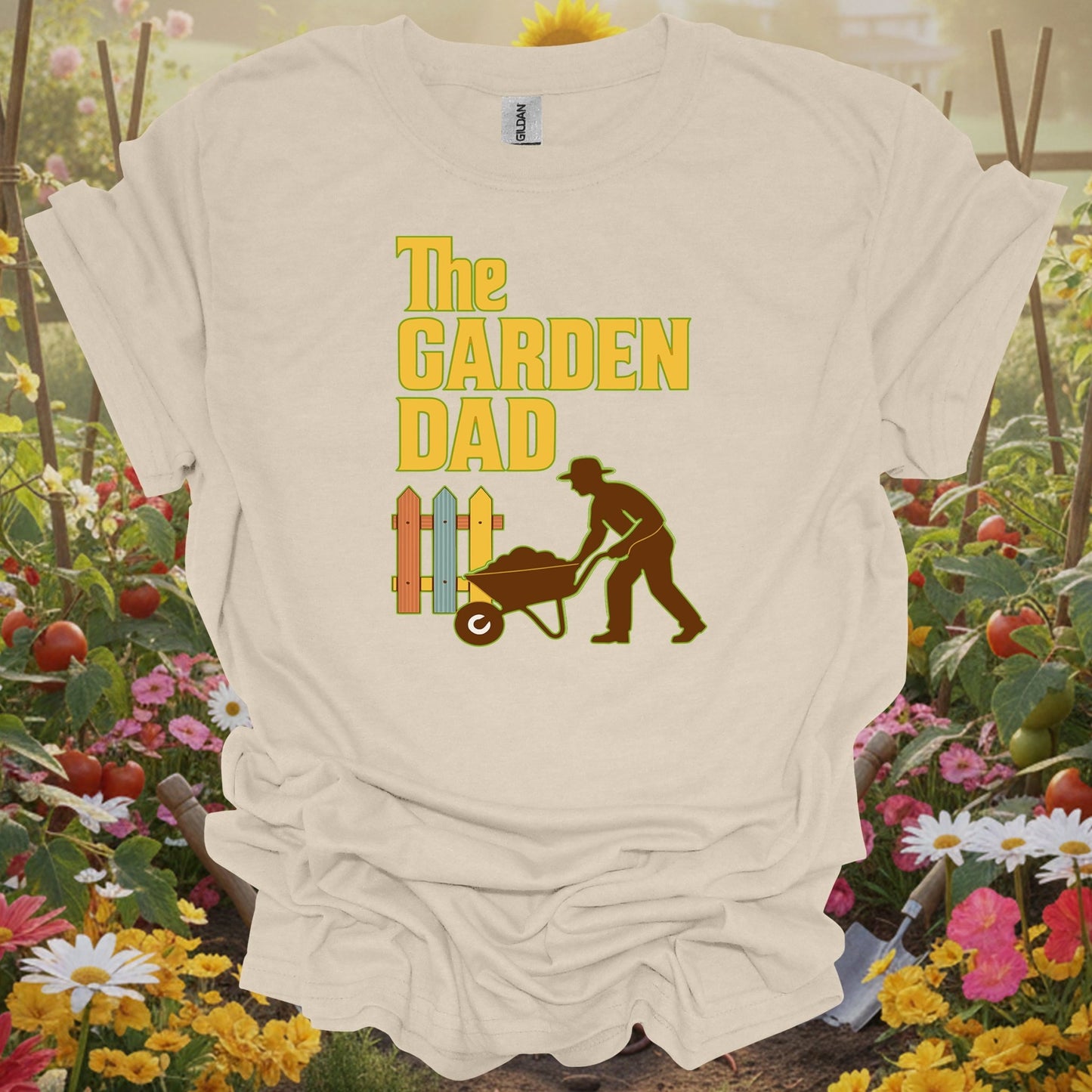 Natural tshirt showing a traditional retro silhouette that captures the iconic image of a dedicated father at work in the yard for native plant gardeners supporting local ecosystems