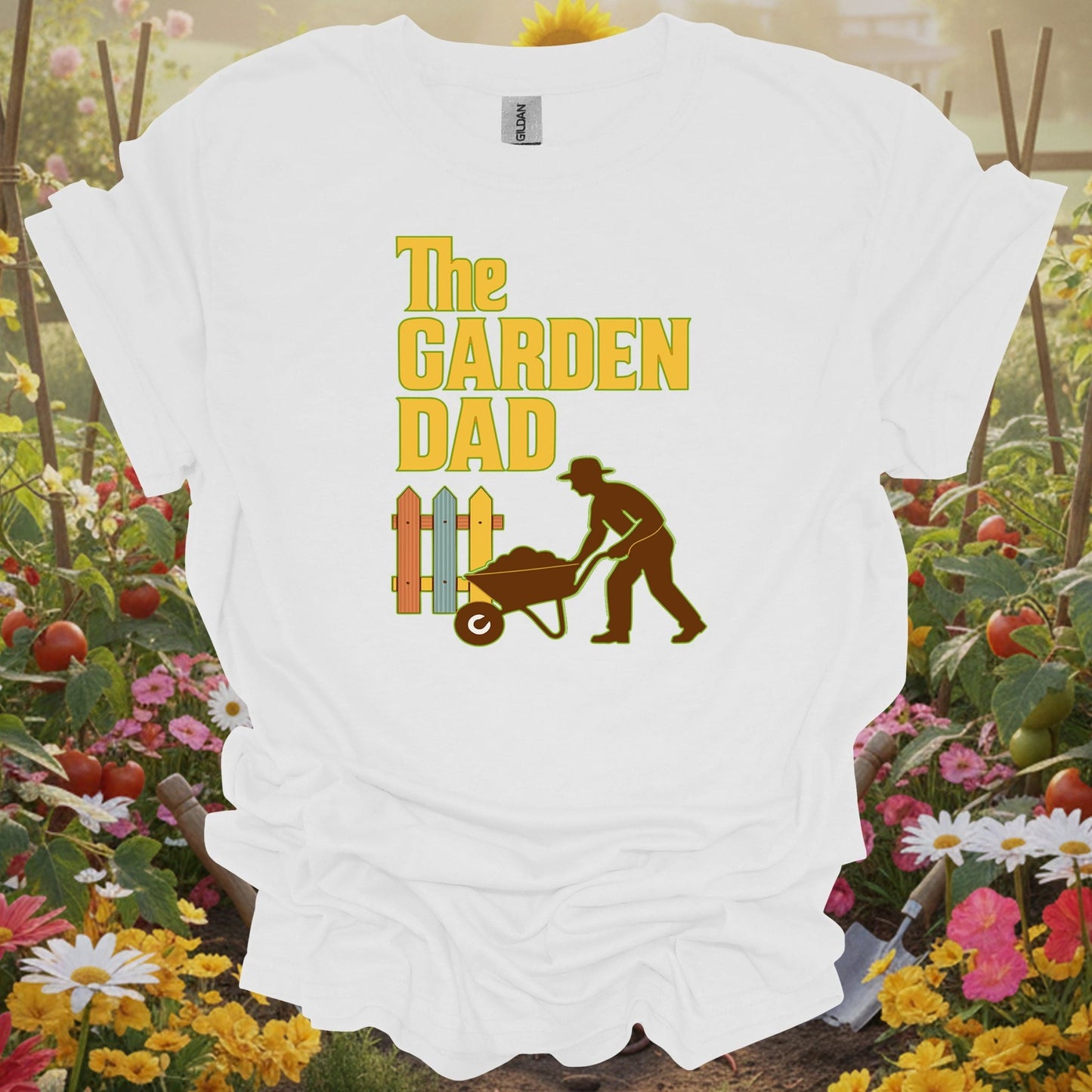 White tshirt showing a traditional retro silhouette that captures the iconic image of a dedicated father at work in the yard for native plant gardeners supporting local ecosystems