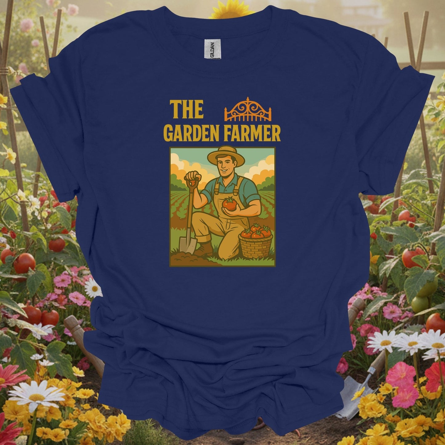 Navy tee showing the garden farmer retro proud harvest for plant lovers