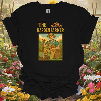 black tee showing the garden farmer retro proud harvest for garden hobbyists