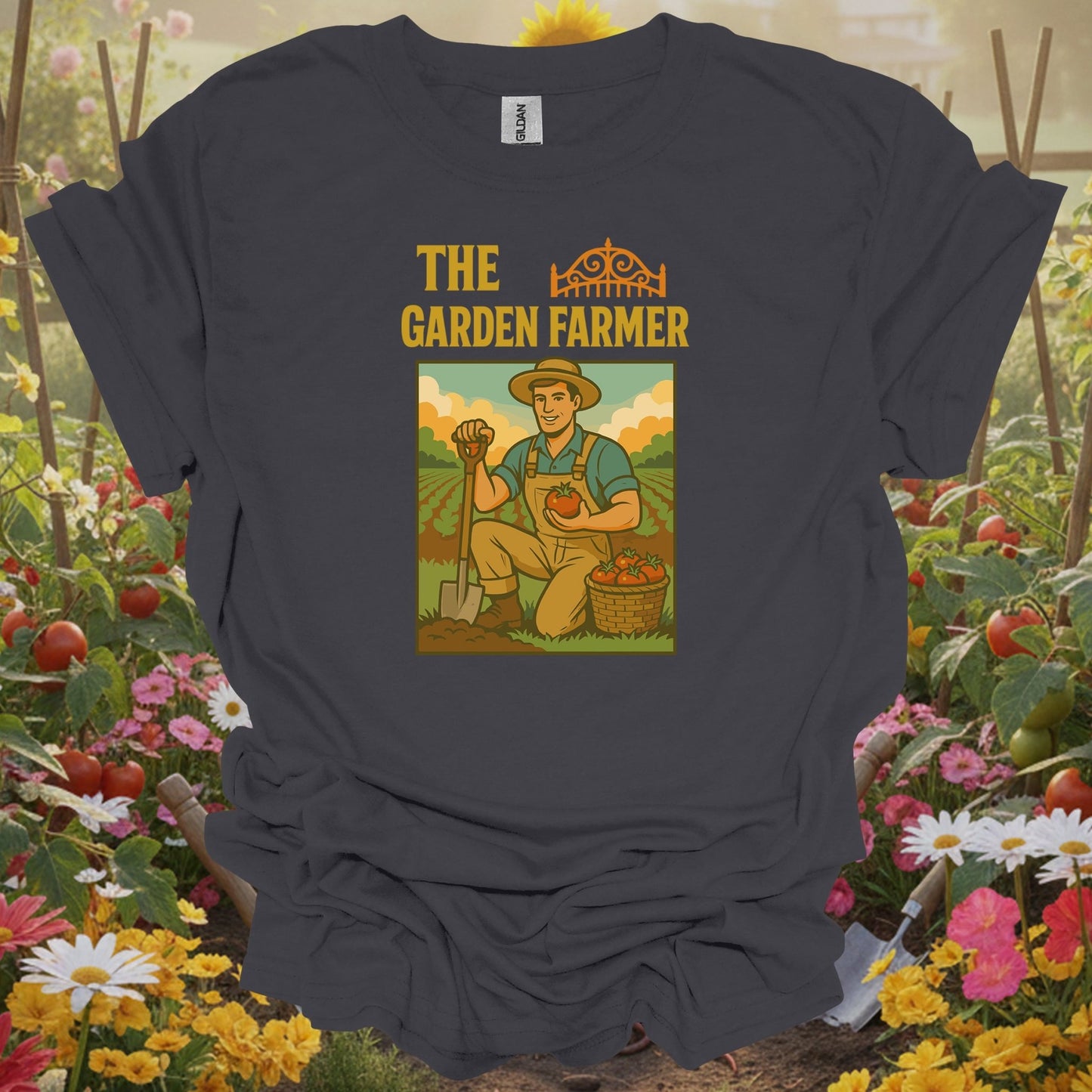 Charcoal tshirt showing the garden farmer retro proud harvest for people who love plants