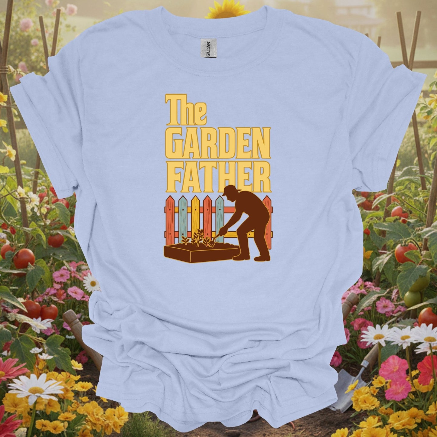 LIght blue tee showing retro the garden father father's day for retro enthusiasts