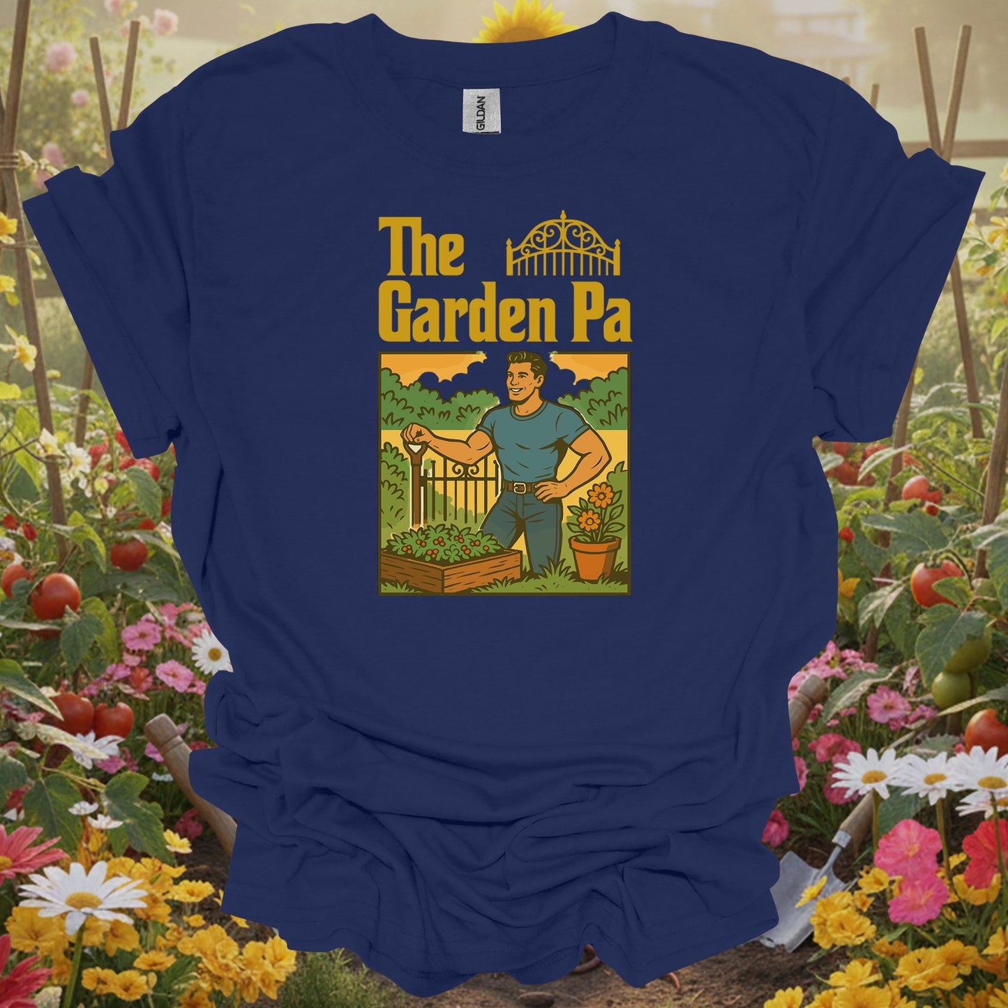 Navy shirt showing classic illustrated garden pa backyard enthusiast for family garden leaders