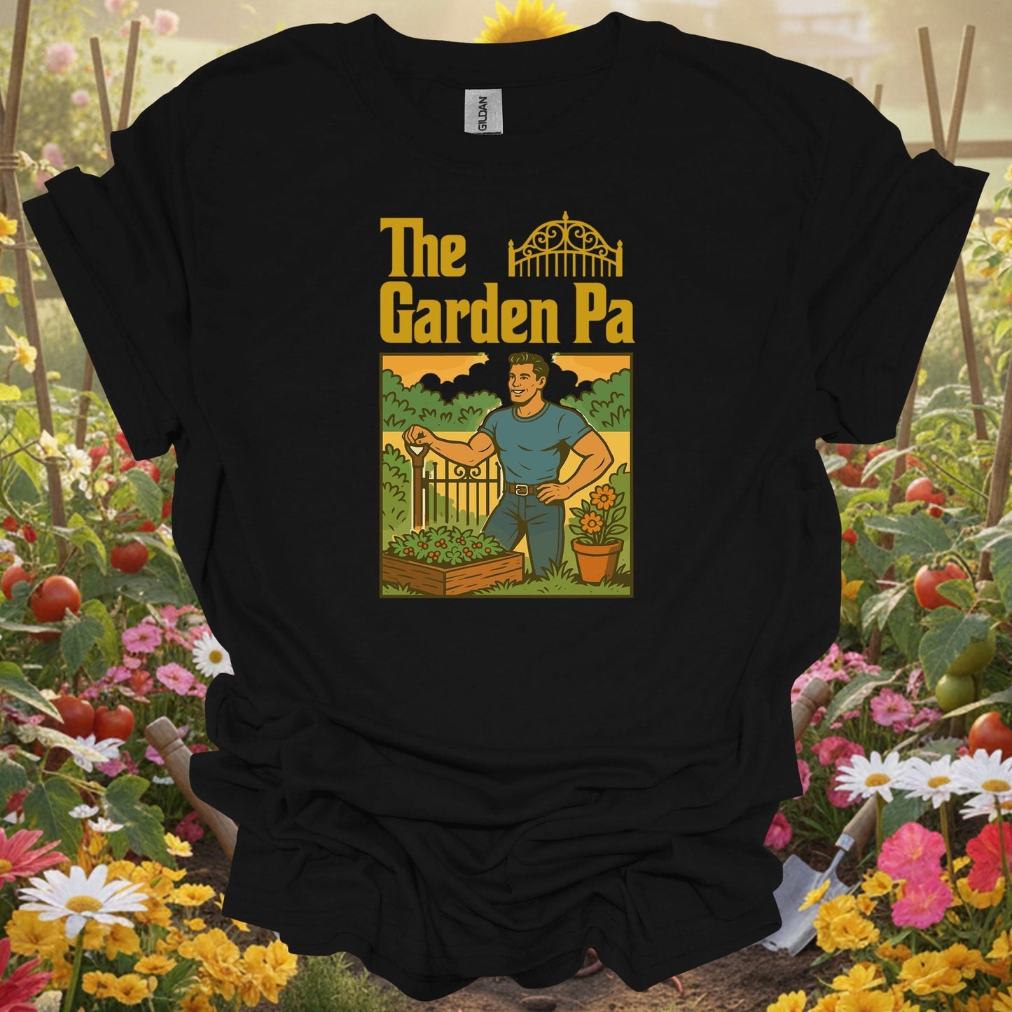 Black shirt showing classic illustrated garden pa backyard enthusiast for dad gardeners
