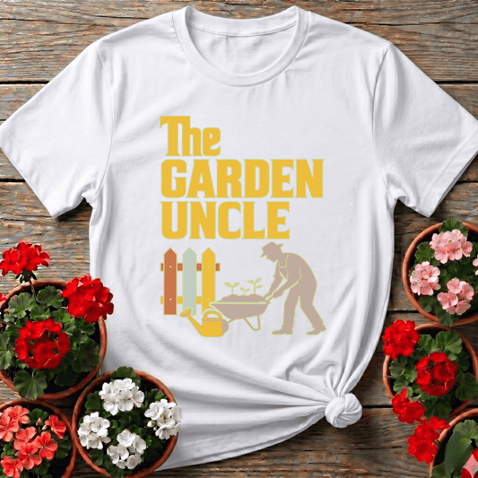 White vintage poster style gardening shirt "The Garden Uncle" for men who tend their rows quietly