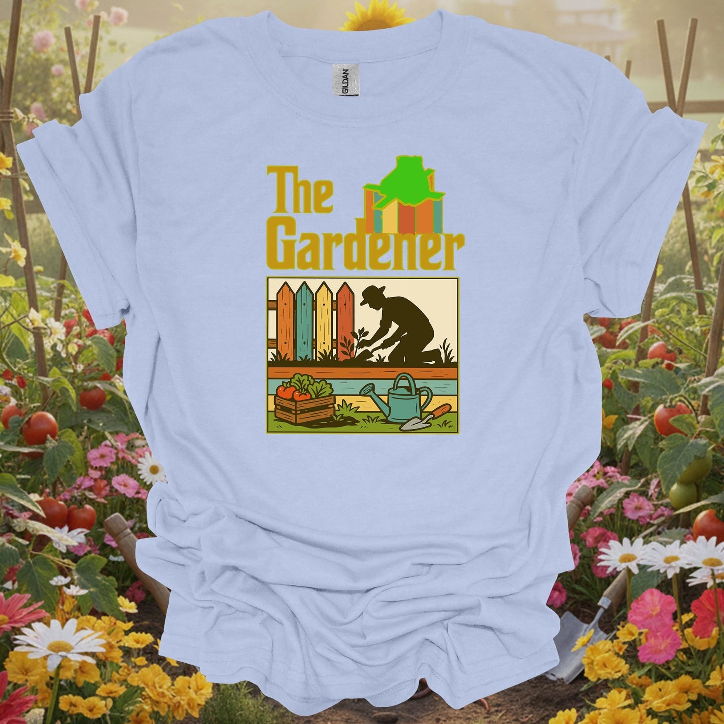 Light Blue shirt showing the gardener retro silhouette for home gardeners
