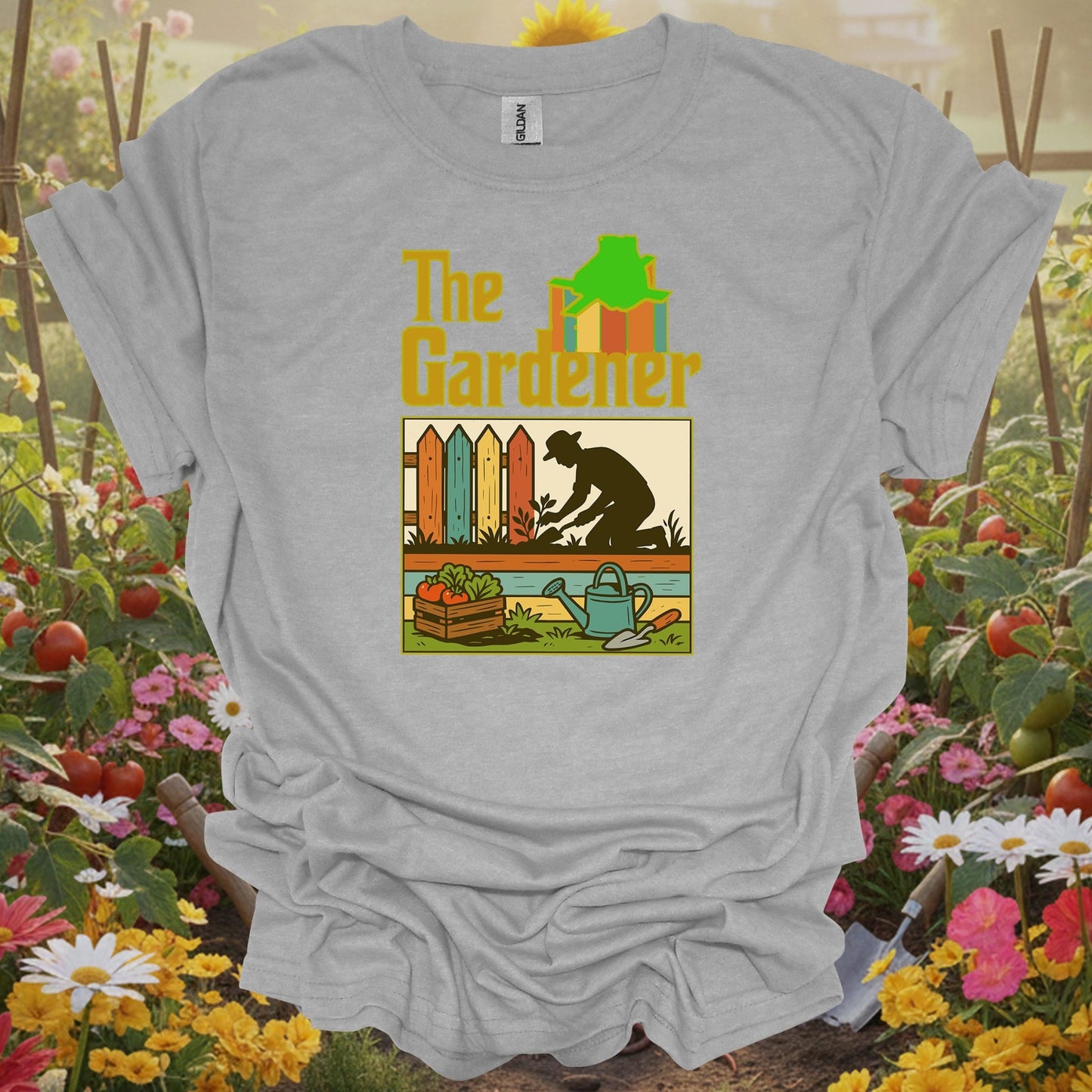 Sport Grey tee showing the gardener retro silhouette for garden hobbyists