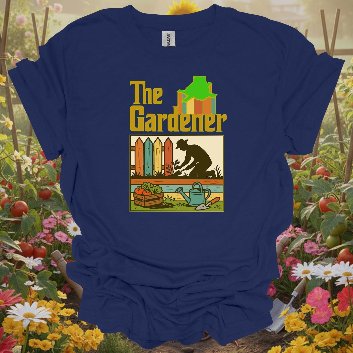 Navy top showing the gardener retro silhouette for green thumb folks