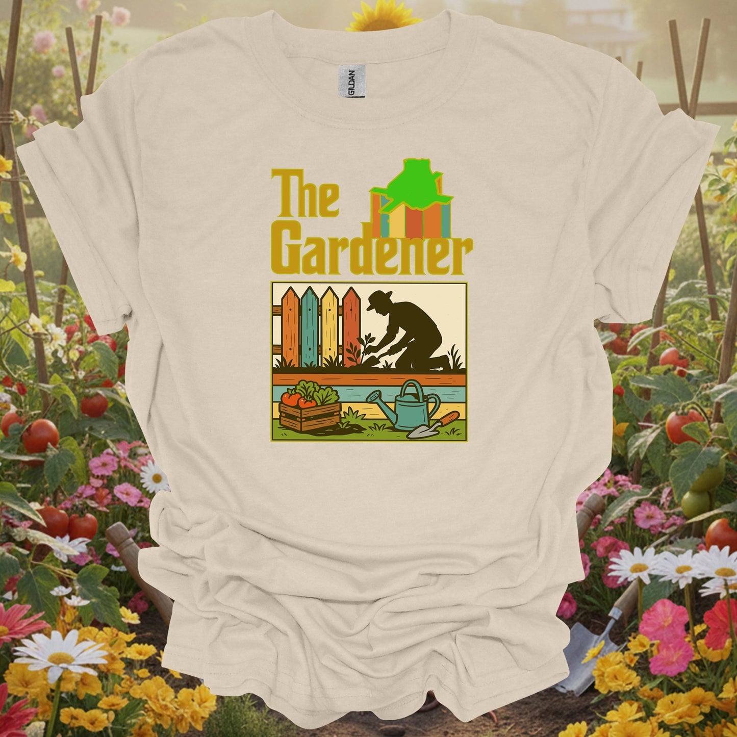 Natural tshirt showing the gardener retro silhouette for people who love plants