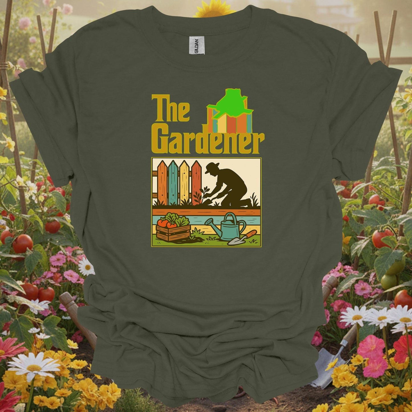 Military Green top showing the gardener retro silhouette for nature lovers