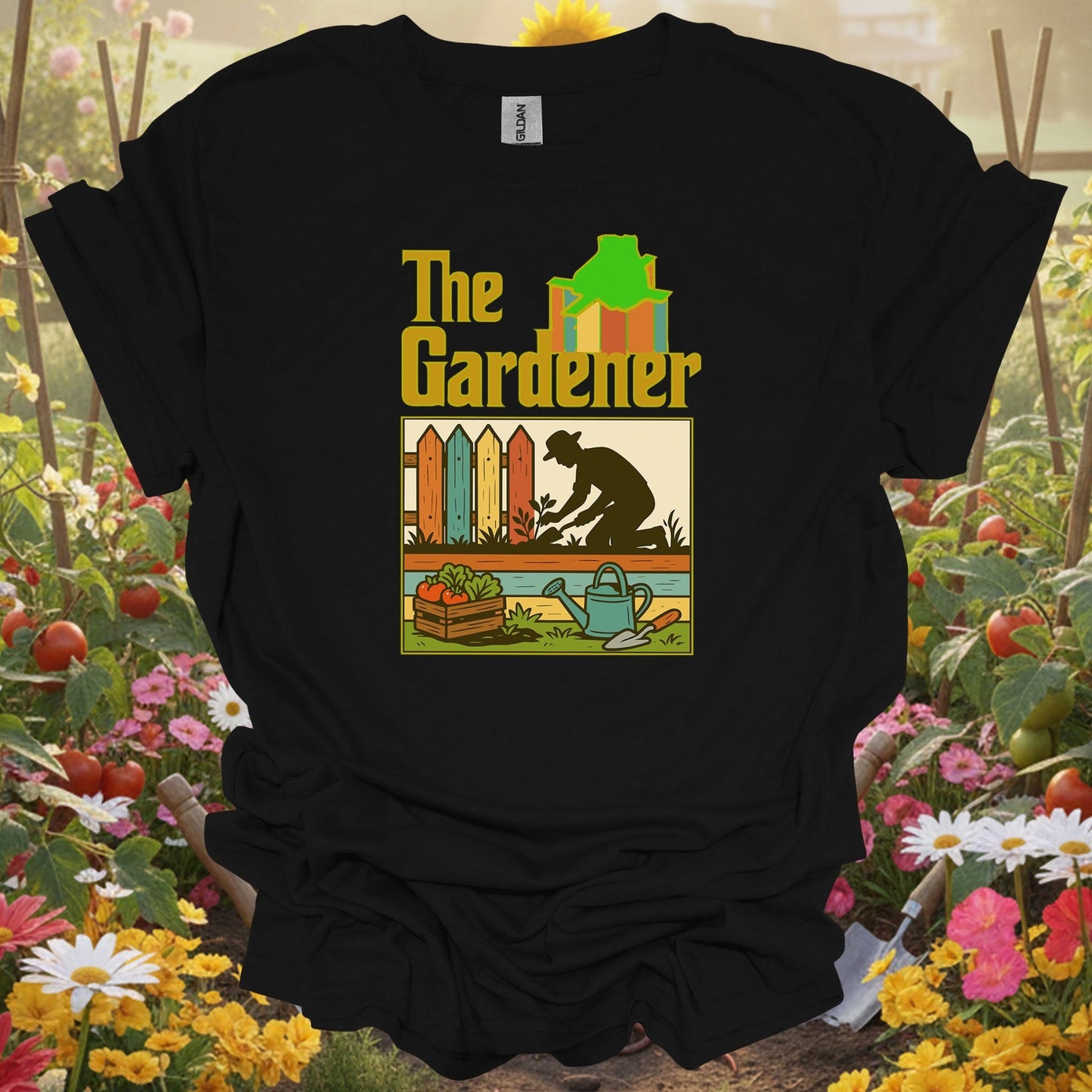 Black tshirt showing the gardener retro silhouette for gardening enthusiasts
