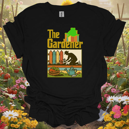 Black tshirt showing the gardener retro silhouette for gardening enthusiasts