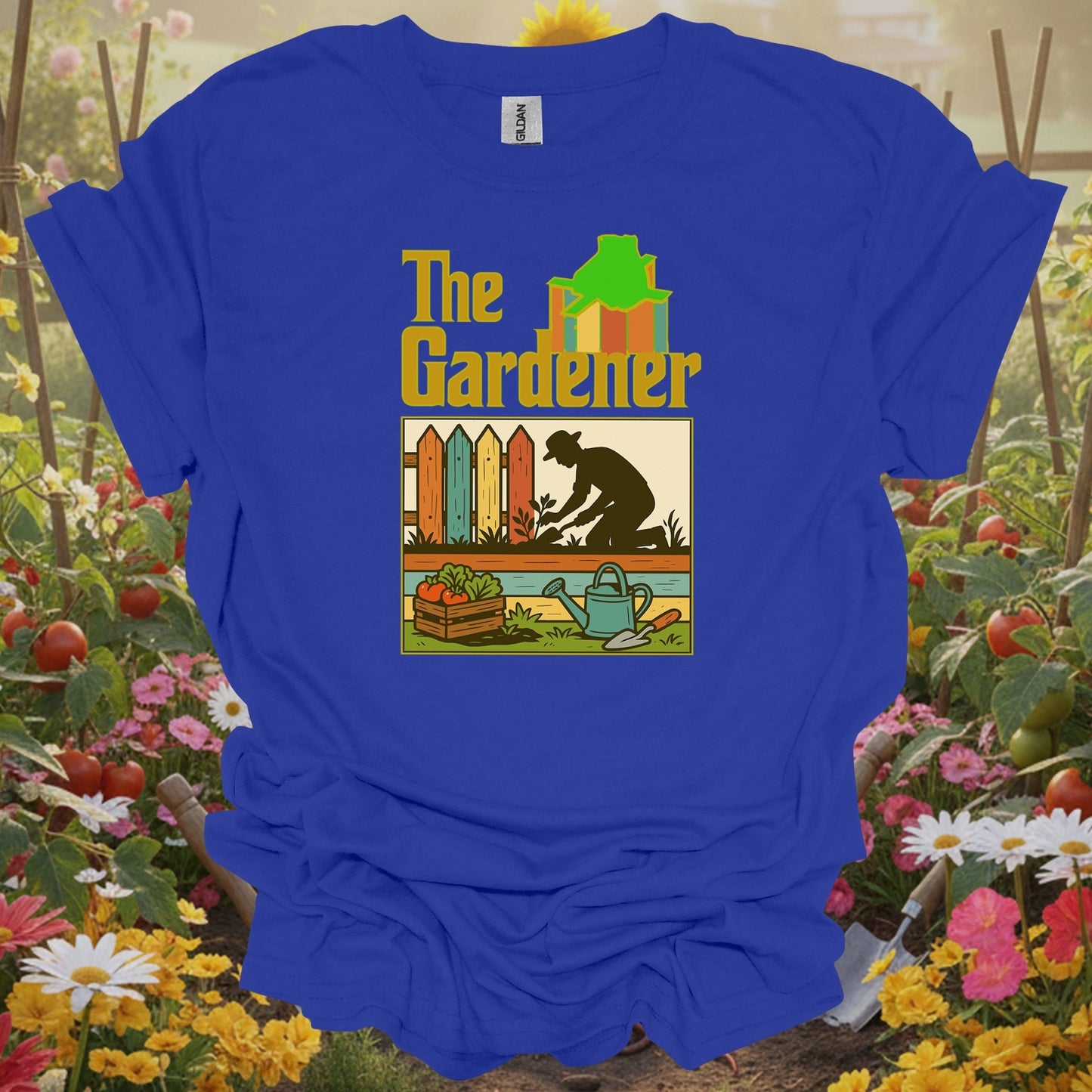 Royal tshirt showing the gardener retro silhouette for backyard growers