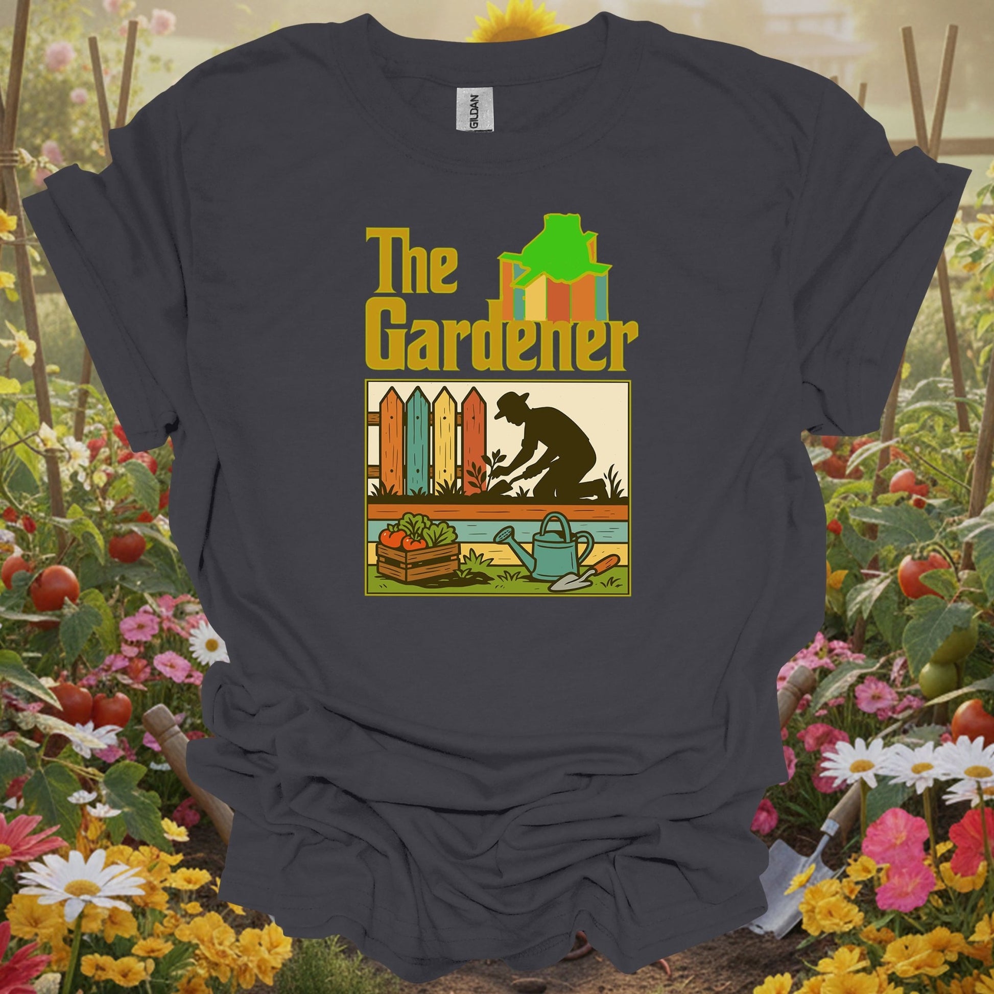 Charcoal tee showing the gardener retro silhouette for plant lovers