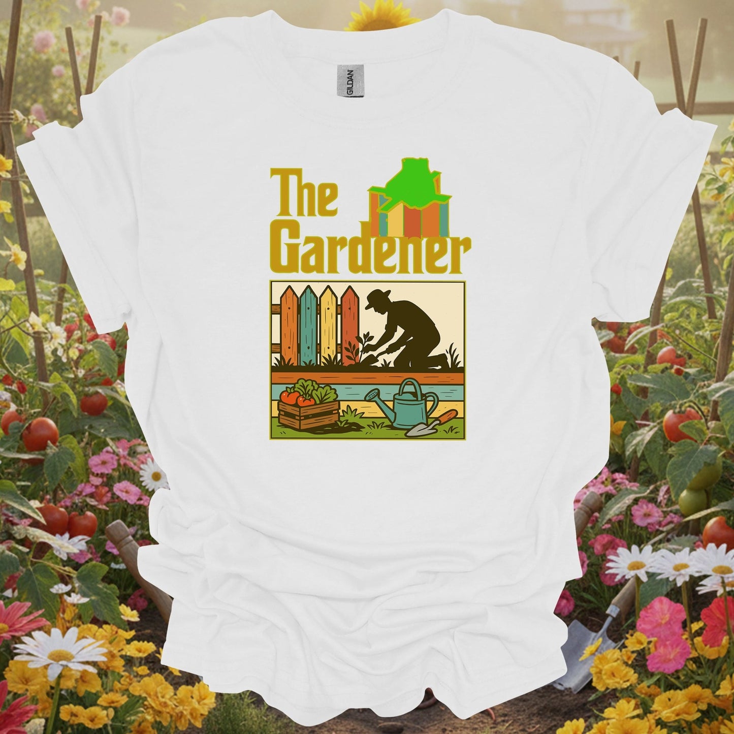 White shirt showing the gardener retro silhouette for outdoor enthusiasts