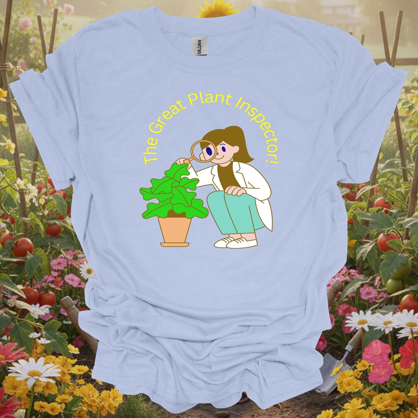 LIght blue tshirt showing acknowledge your daily botanical routine with this hilarious and relatable houseplant design for hobby farmers supplementing their income