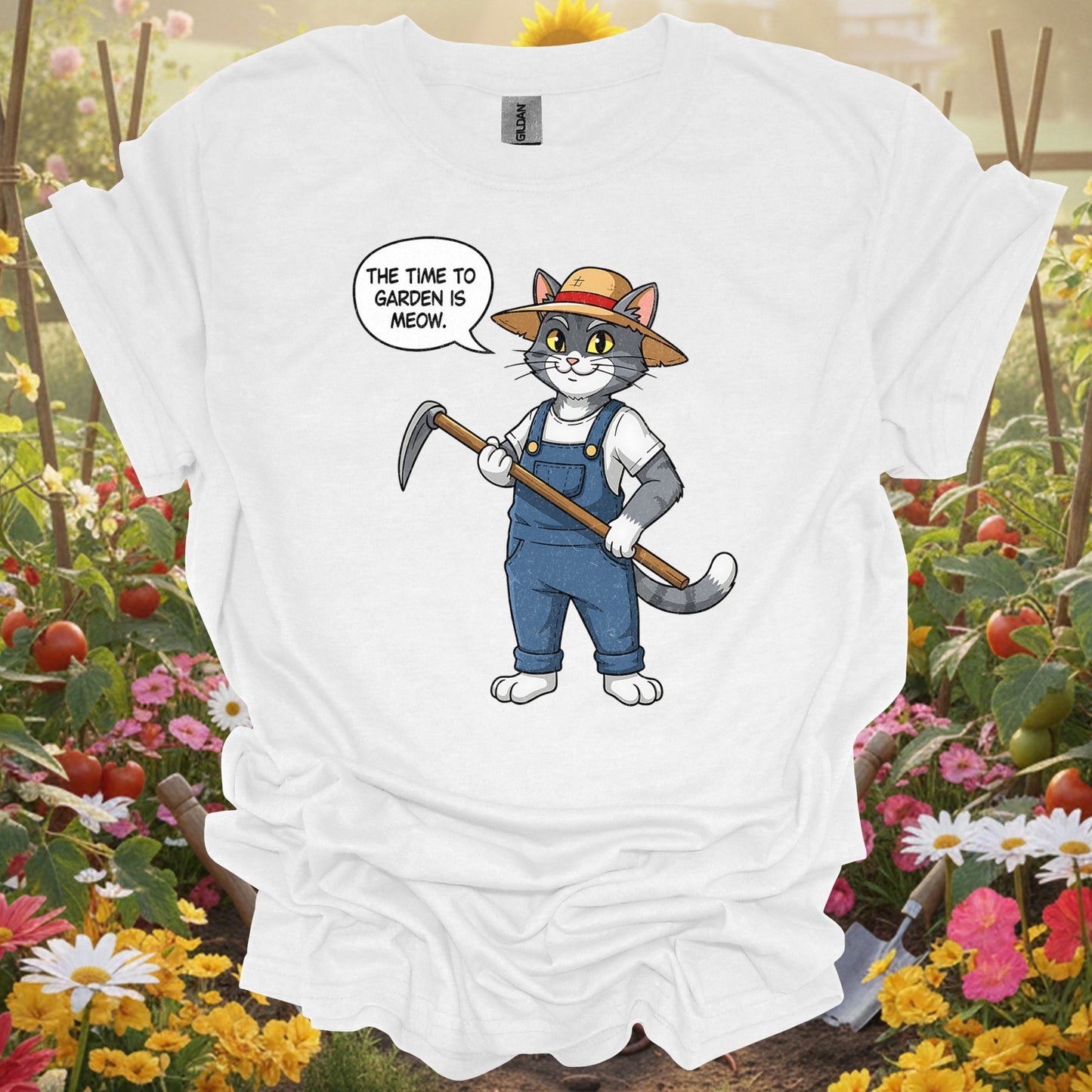 "The Time to Garden is Meow" Funny Cat Gardener Pun T-shirt - GardeningTshirts