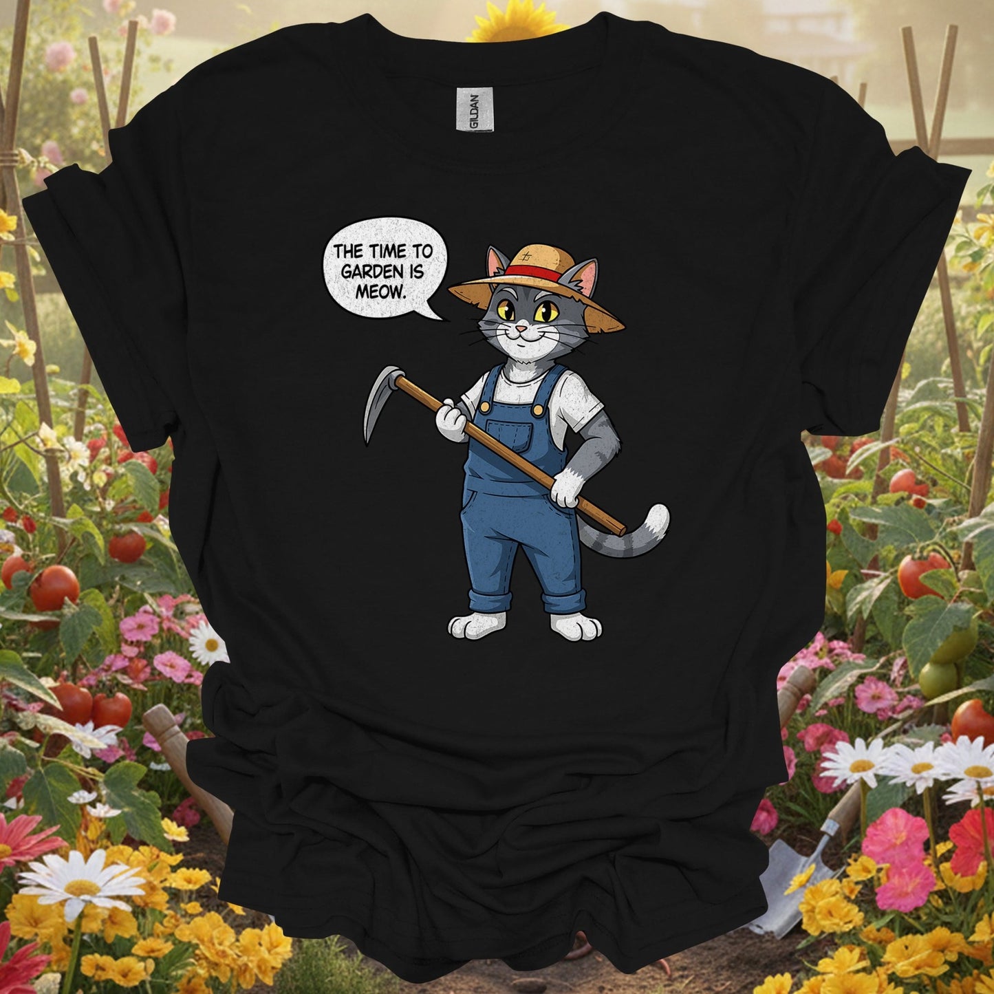 "The Time to Garden is Meow" Funny Cat Gardener Pun T-shirt - GardeningTshirts
