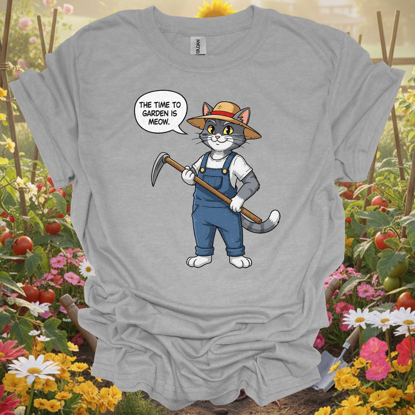 "The Time to Garden is Meow" Funny Cat Gardener Pun T-shirt - GardeningTshirts