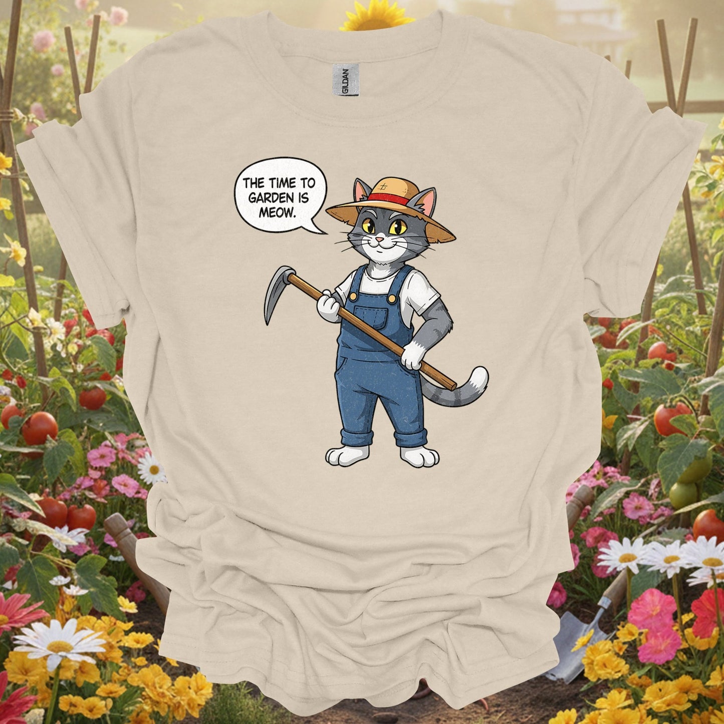 "The Time to Garden is Meow" Funny Cat Gardener Pun T-shirt - GardeningTshirts